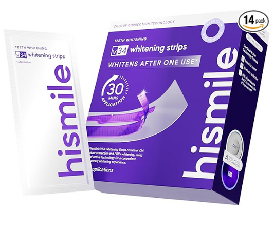 Tiras Blanqueadoras Dentales Hismile V34 (Pac 14 unidades) - DIENTES BLANCOS EN 30 MINUTOS DESDE LA PRIMERA APLICACION