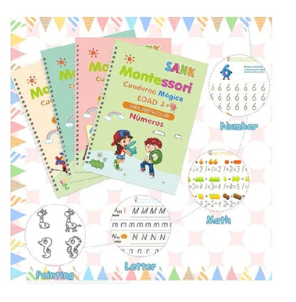 SET DE 4 CUADERNOS MAGICOS MONTESSORI- DIBUJO- NUMEROS- MATEMATICAS - ALFABETO